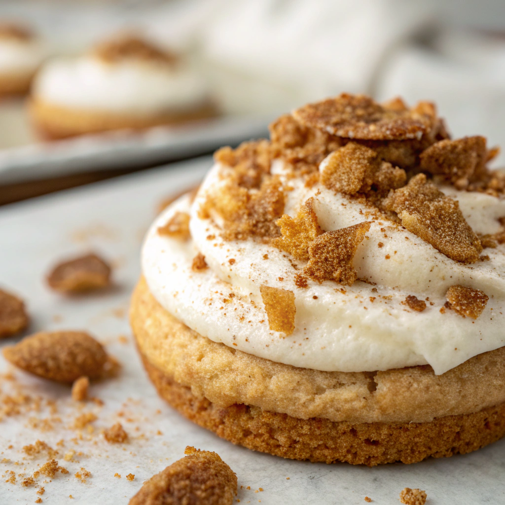 cinnamon toast crunch cookies; features a close up of a single cinnamon toast crunch cookie showcasing its golden brown edges and creamy white frosting with a sprinkle of crushed ci