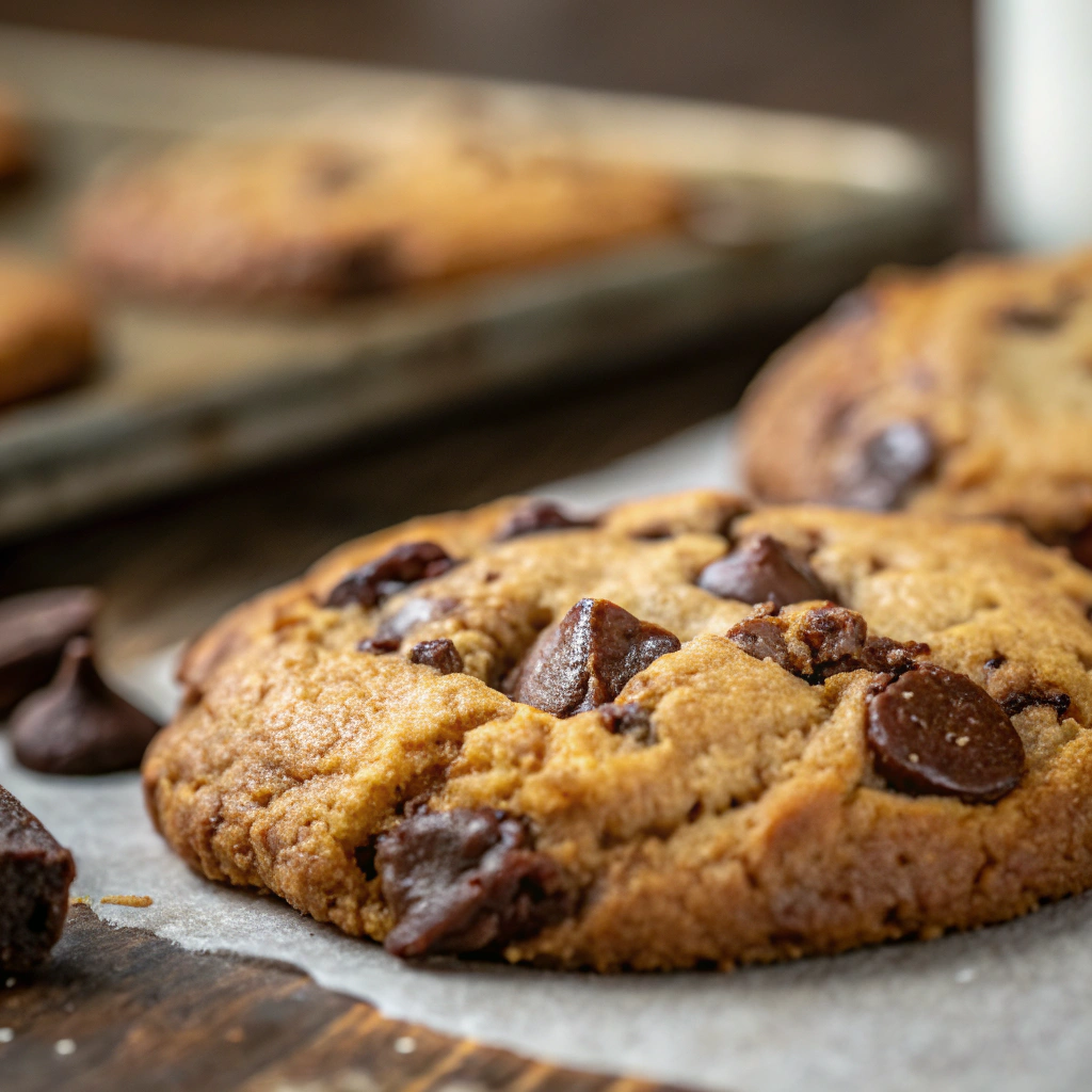 features a close-up of a single instance of a sourdough discard chocolate chip cookie, showcasing its golden-brown edges and gooey chocolate chips