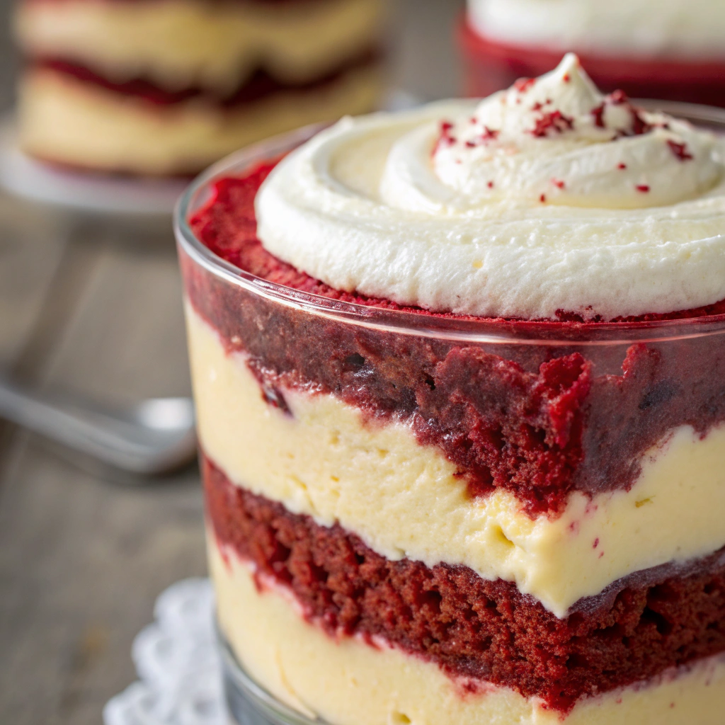 features a close-up of a single layer of red velvet banana pudding showing the creamy texture and colorful layers