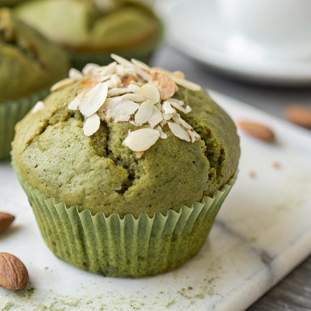 features a close-up of a single matcha muffin with a slightly cracked top and a sprinkle of almond flakes