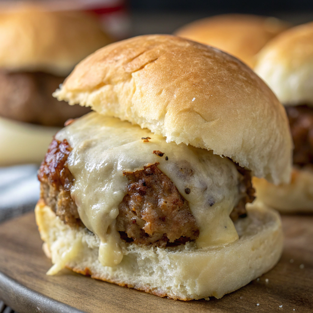 features a close-up of a single meatball slider with melted cheese on a golden Hawaiian roll