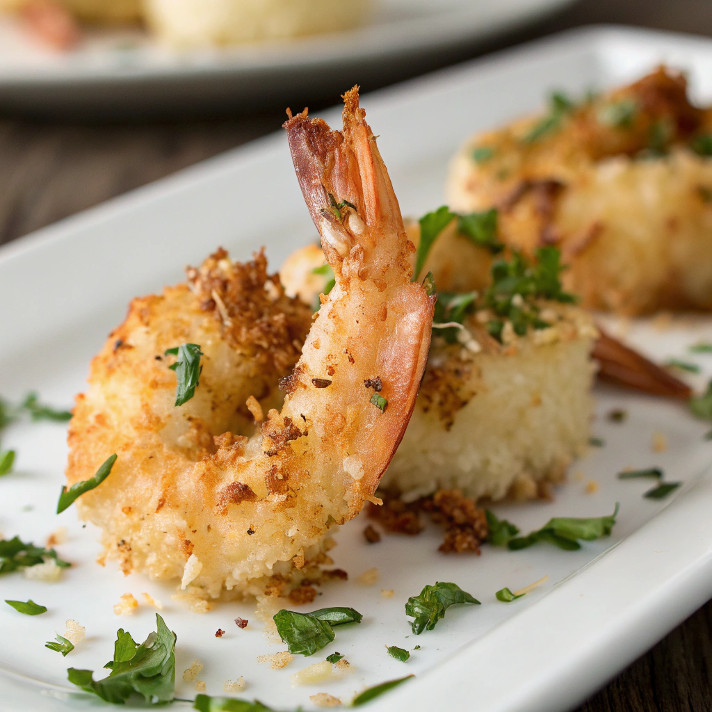 features a close-up of a single piece of golden-brown creamy coconut shrimp on a white plate with a sprinkle of fresh herbs