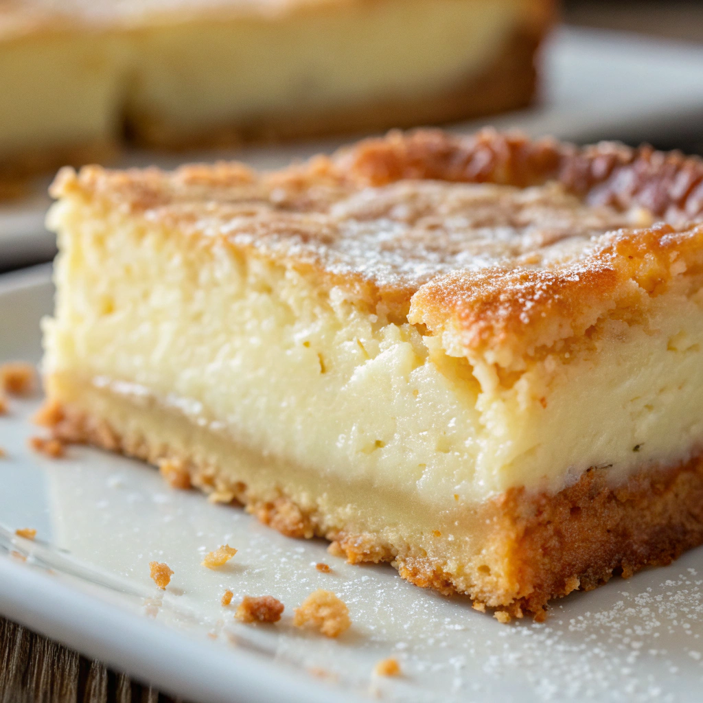 features A close-up of a single slice of ooey gooey butter cake showcasing the creamy center and golden-brown edges