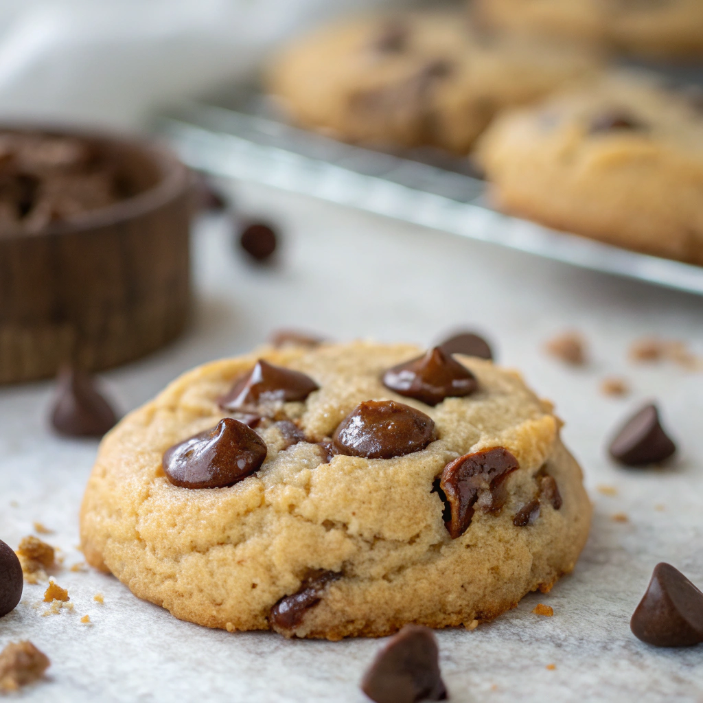 features a close-up of a single soft and chewy pancake mix cookie with melting chocolate chips