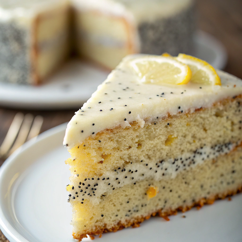 features a close-up of a slice of lemon poppy seed cake showcasing its moist texture and speckled poppy seeds