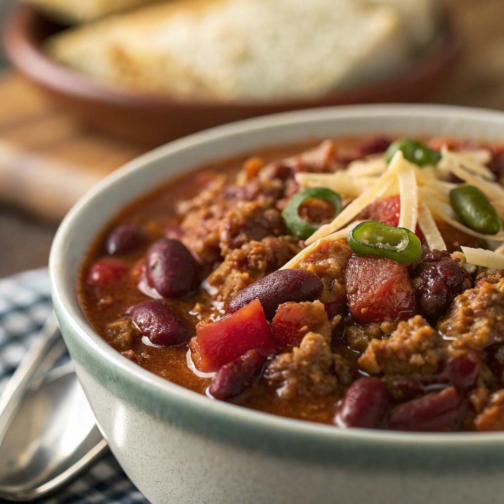 features a close-up of a steaming bowl of ground turkey chili with beans and toppings