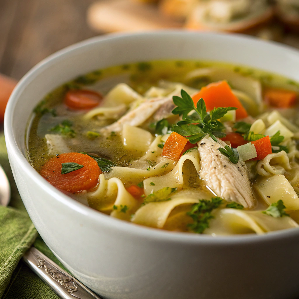 homemade chicken noodle soup with whole chicken; features a close up of a steaming bowl of homemade chicken noodle soup with vibrant vegetables and tender chicken pieces showcasing the rich broth and