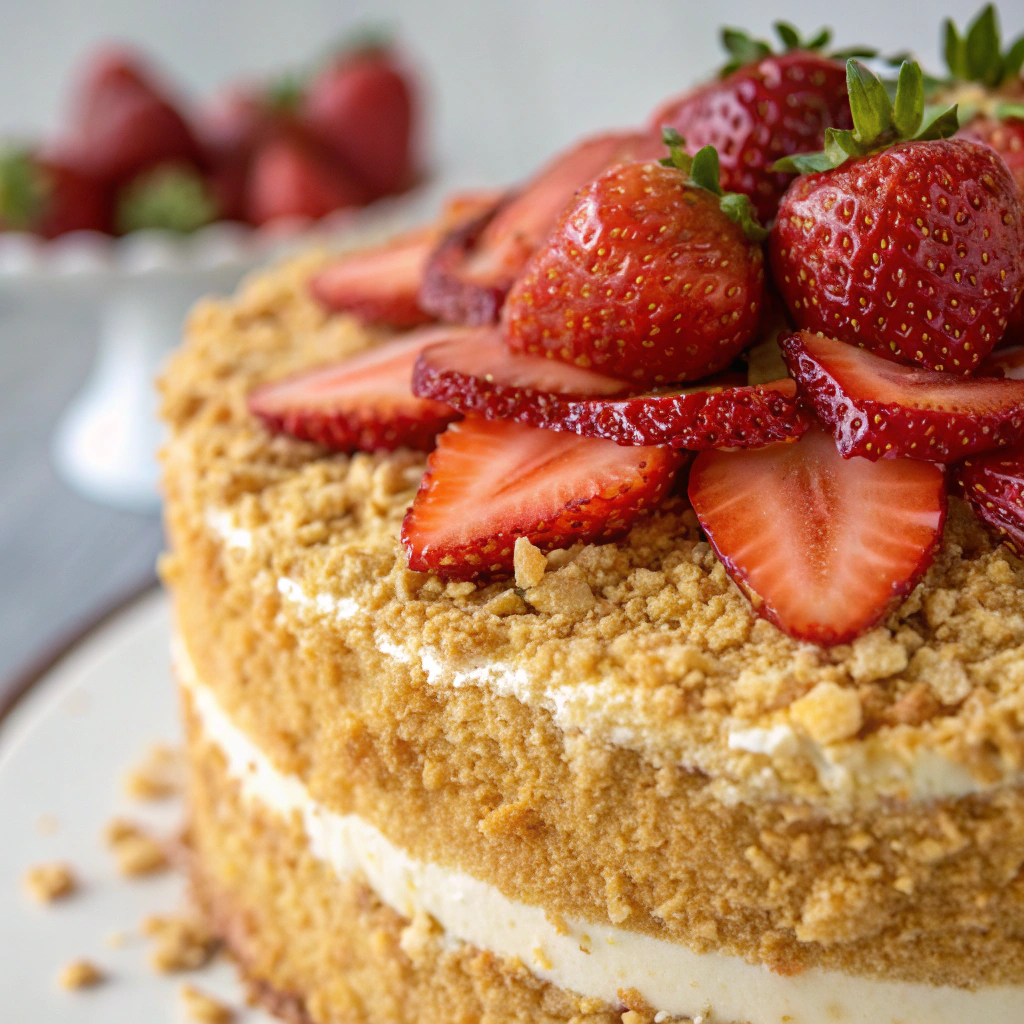 features A close-up of a strawberry crunch cake showcasing its golden layers and crunchy topping adorned with fresh strawberries