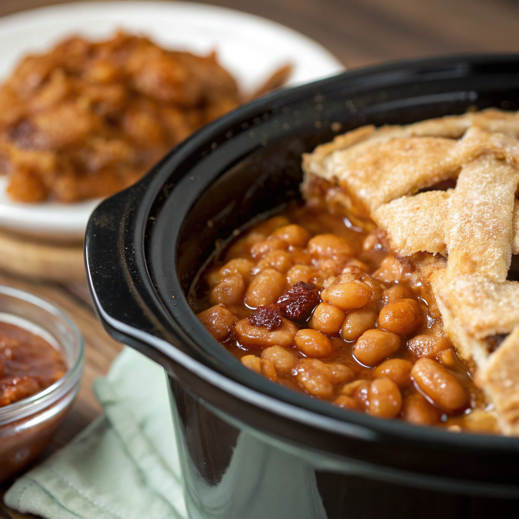 features a close-up of apple pie baked beans in a slow cooker, showcasing the rich, caramelized sauce and tender beans