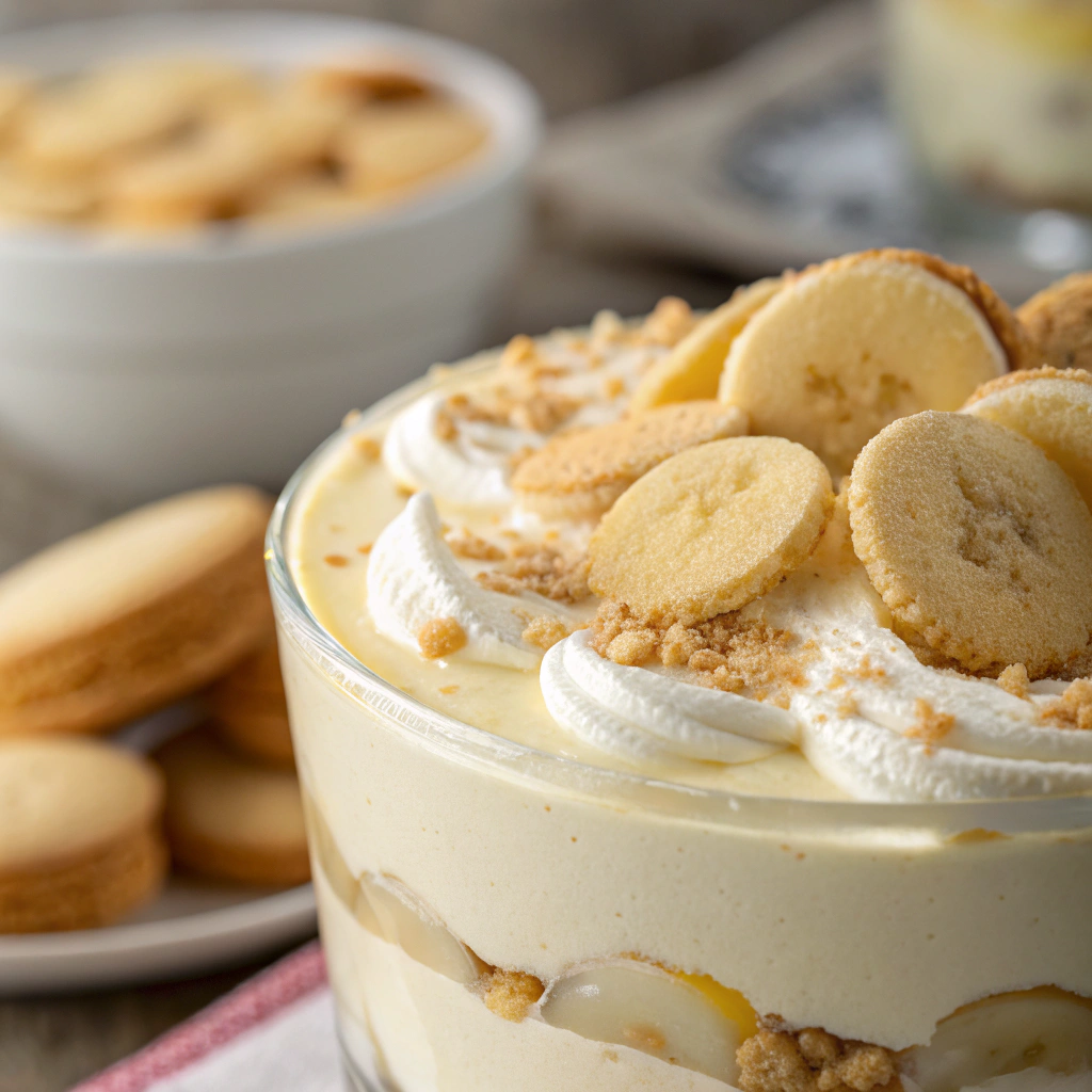 features a close-up of banana pudding with vanilla wafers, showcasing creamy layers and crisp wafers