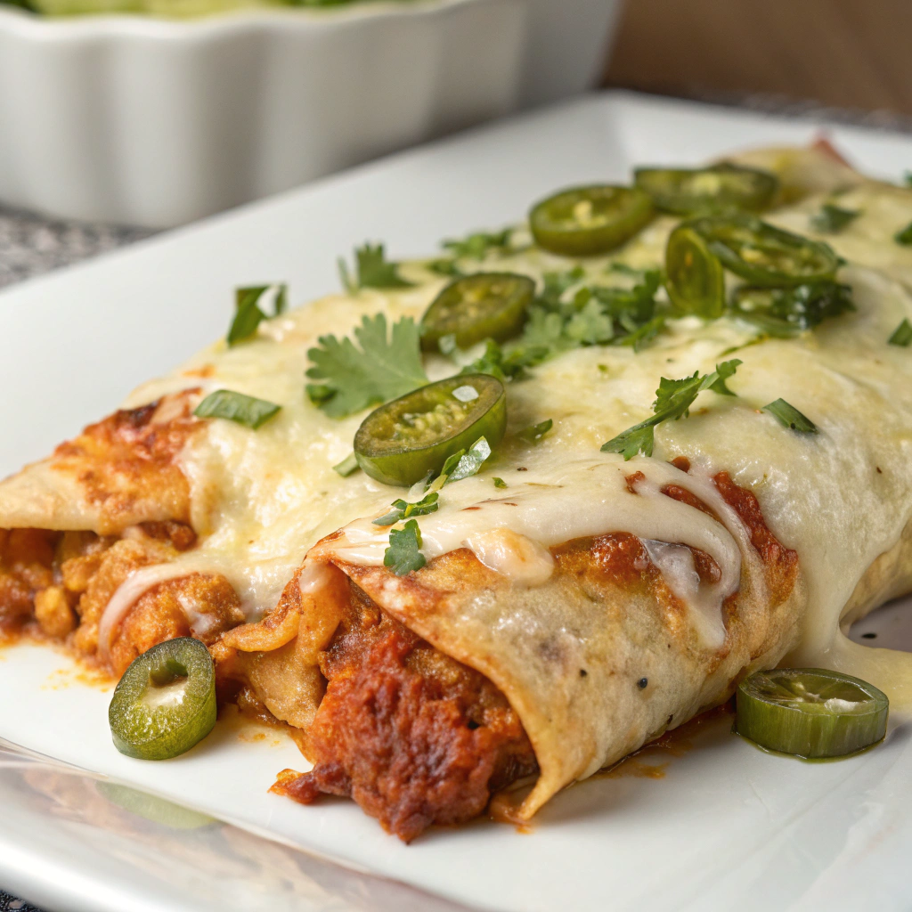 features a close-up of cheesy chicken enchiladas with melted Monterey Jack cheese and vibrant green chiles on a white plate