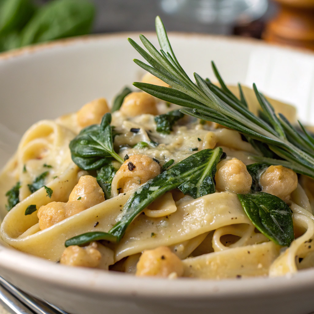 creamy chickpea pasta with spinach and rosemary; features a close up of creamy chickpea pasta with spinach and rosemary showcasing tender pasta strands coated in a rich creamy sauce with vibrant gree