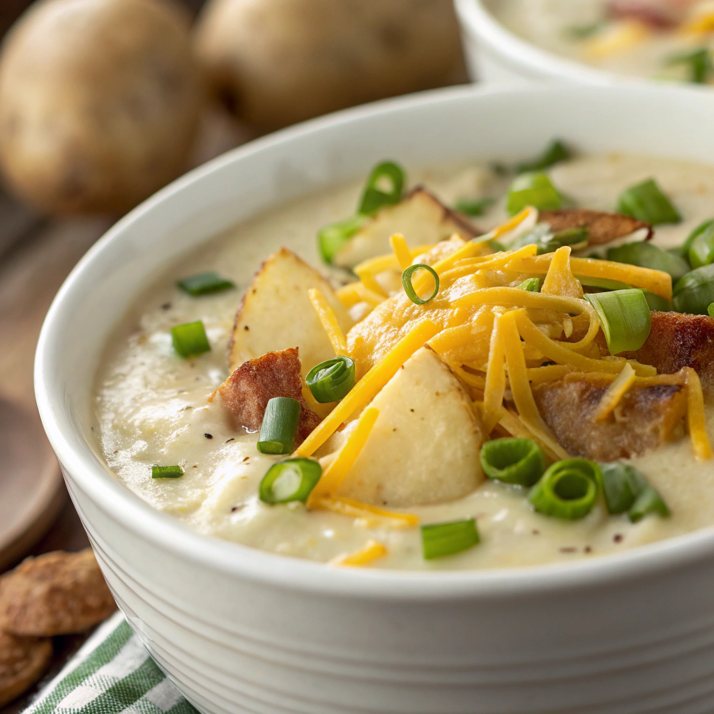 features a close-up of creamy crock pot crack potato soup garnished with green onions and cheese