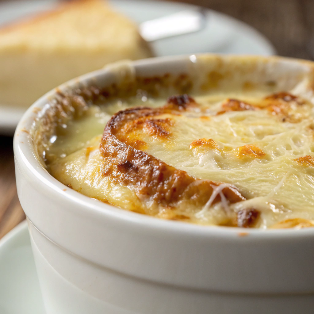 features a close-up of creamy french onion soup rice with golden cheese topping