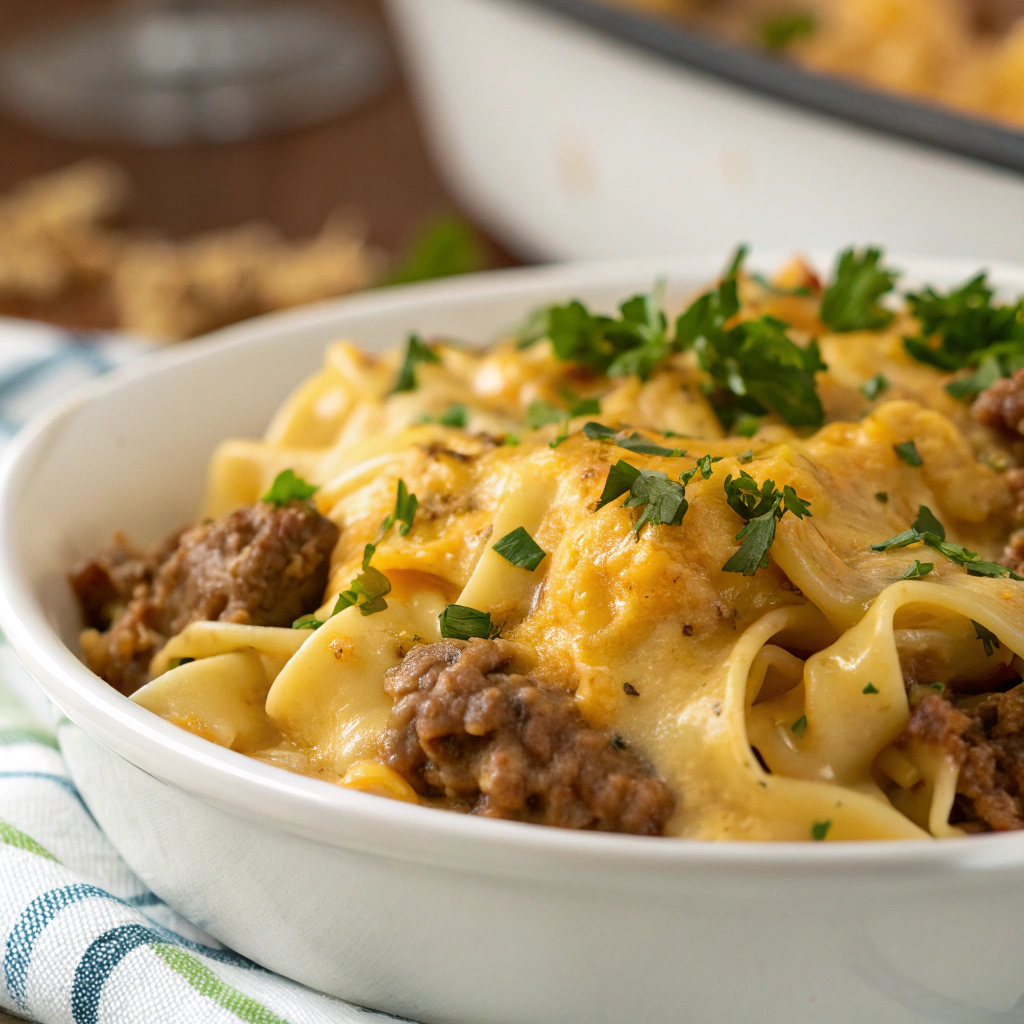 features a close-up of creamy sour cream beef noodle casserole with golden cheese topping and sprinkled parsley