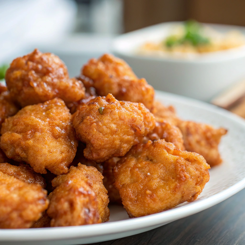 features a close-up of golden-brown crispy orange chicken bites served on a white plate with a side of steamed white rice