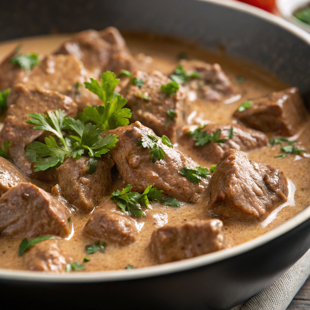 features a close-up of tender beef stew meat pieces in a creamy stroganoff sauce, garnished with fresh parsley