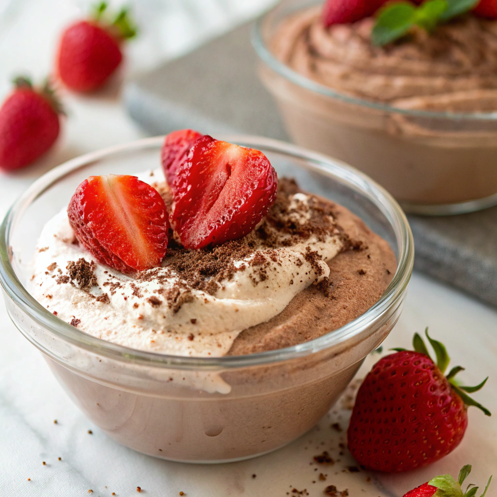 features A creamy cottage cheese chocolate mousse in a clear glass bowl, topped with fresh strawberries and a sprinkle of cocoa powder