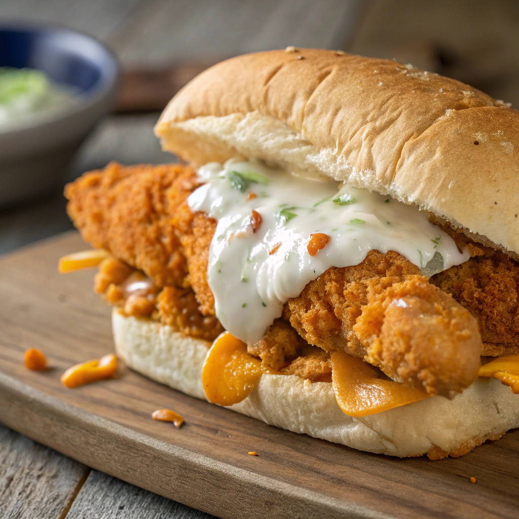 features close-up of a buffalo ranch chicken strip sandwich showing crispy chicken strips, creamy ranch dressing, and melted cheese on a toasted bun