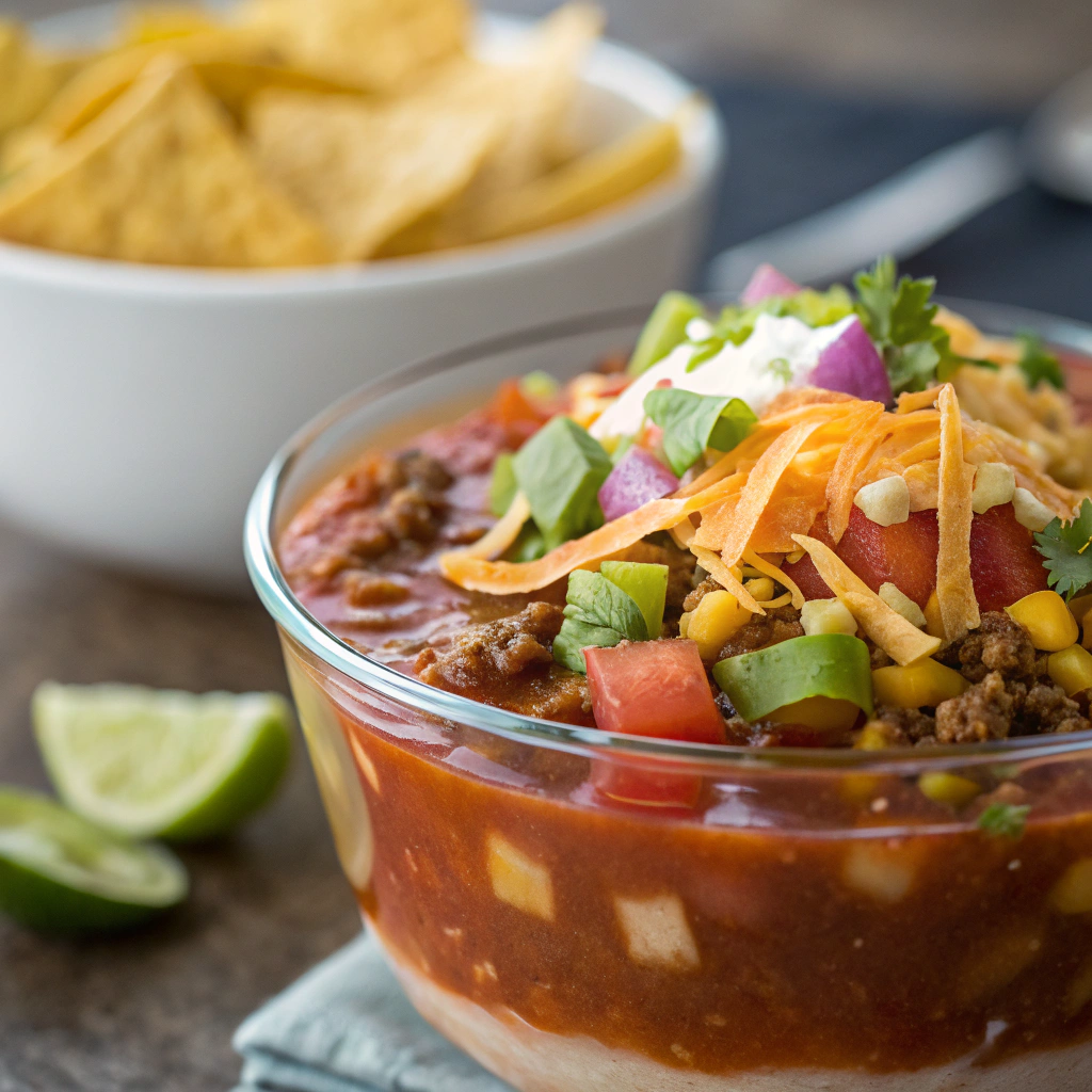 features close-up of a chilled taco soup frios recipe in a clear bowl with colorful toppings