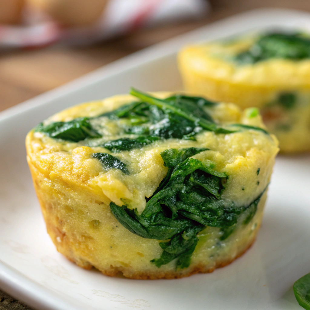 features close-up of a single healthy egg bite with a golden-brown exterior and vibrant green spinach inside