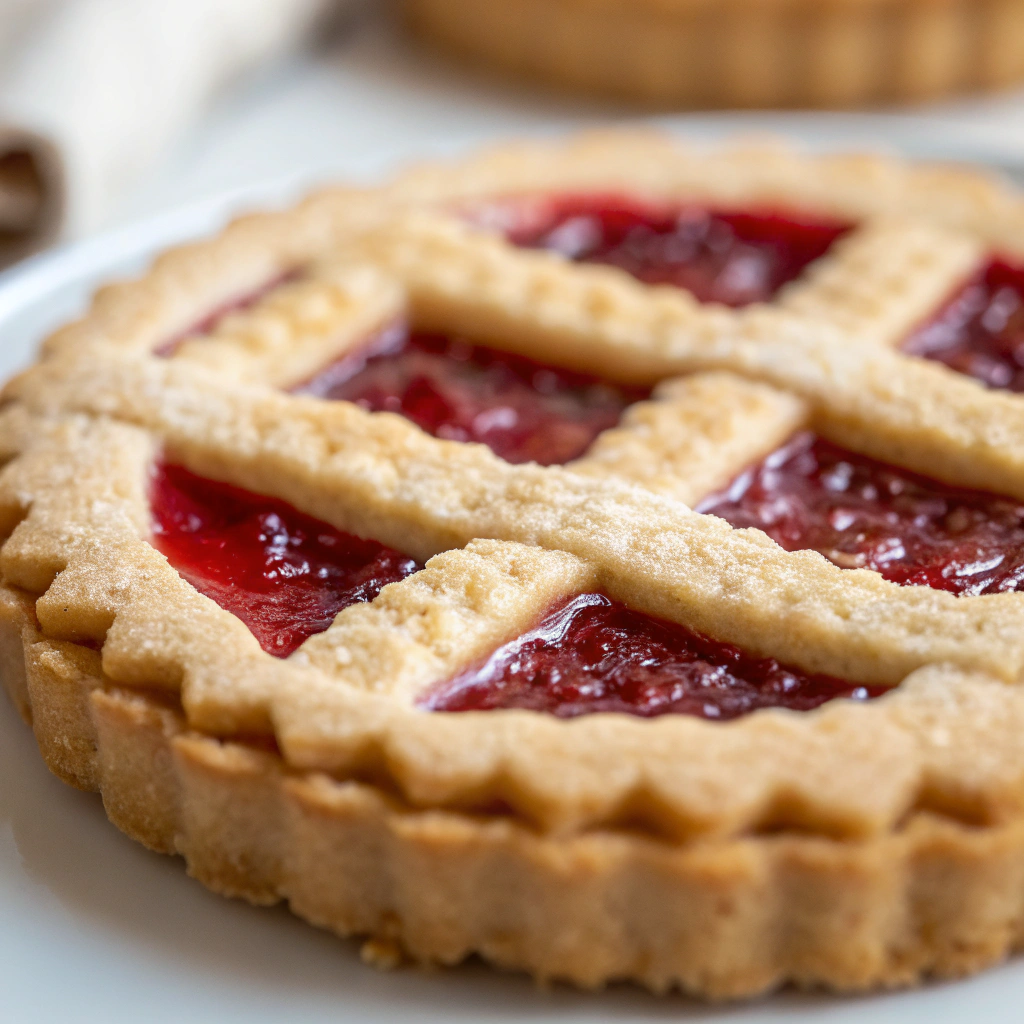 features close-up of a single linzer tart cookie with raspberry jam filling