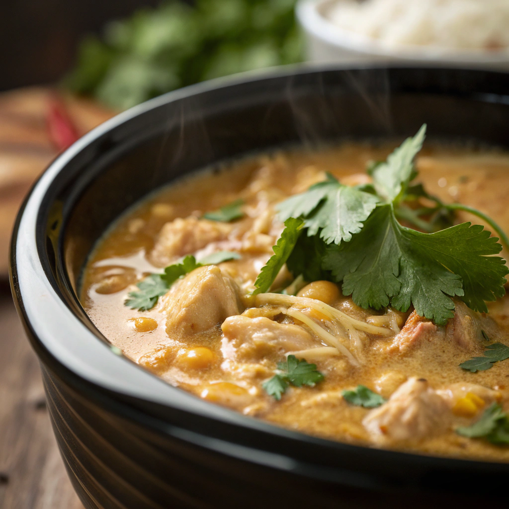 features close-up of creamy white chicken chili simmering in a crockpot with a sprinkle of fresh cilantro on top