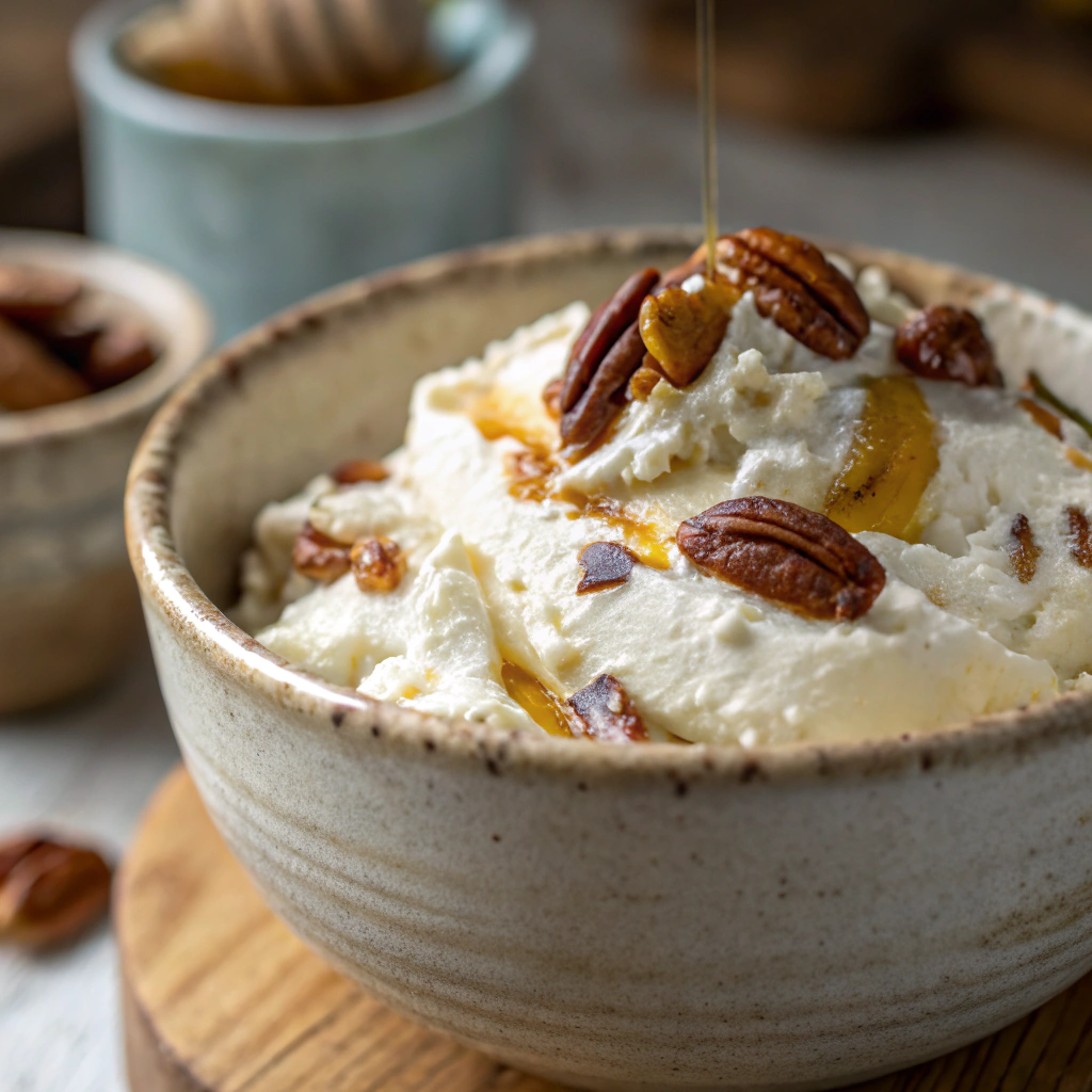 honey pecan cream cheese; features close up of honey pecan cream cheese in a rustic ceramic bowl showcasing the creamy texture with visible pecan pieces and a drizzle of honey