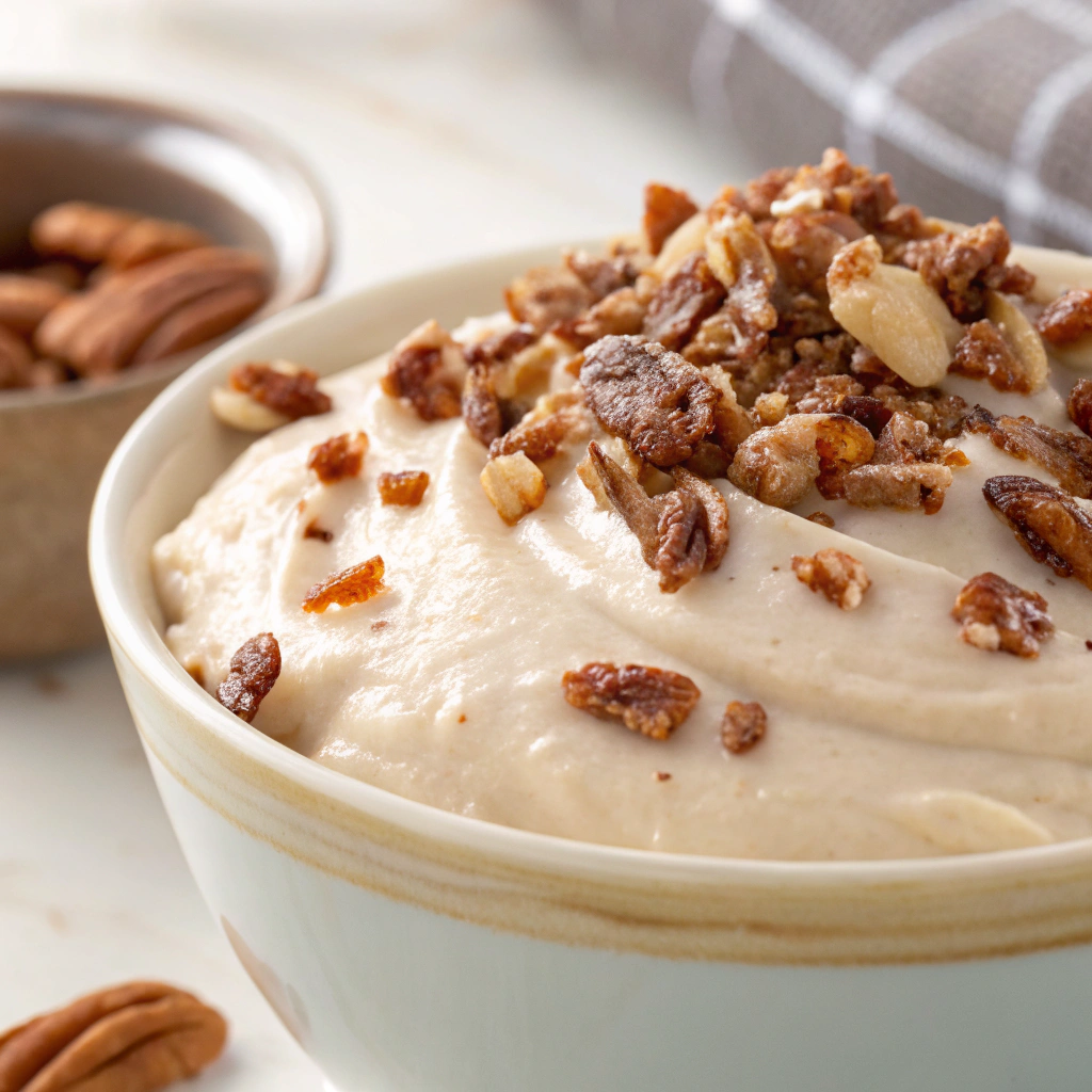 honey pecan cream cheese; features close up of honey pecan cream cheese spread in a beautiful ceramic bowl with a sprinkle of chopped pecans on top