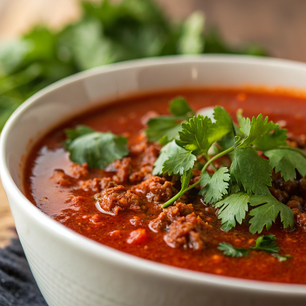 features close-up of the chipotle ground beef soup with vibrant red color and garnished with fresh green cilantro leaves