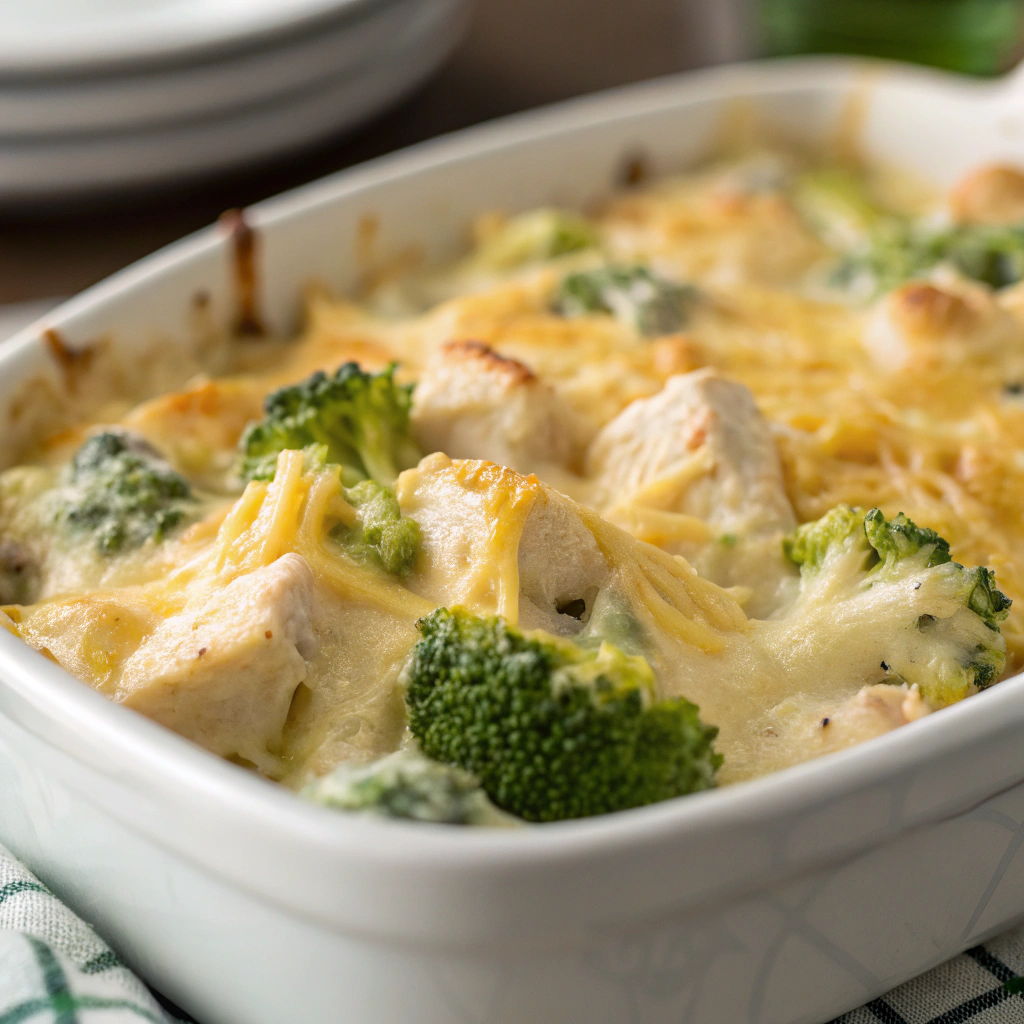 features a close-up of a creamy chicken broccoli alfredo casserole with golden cheese topping