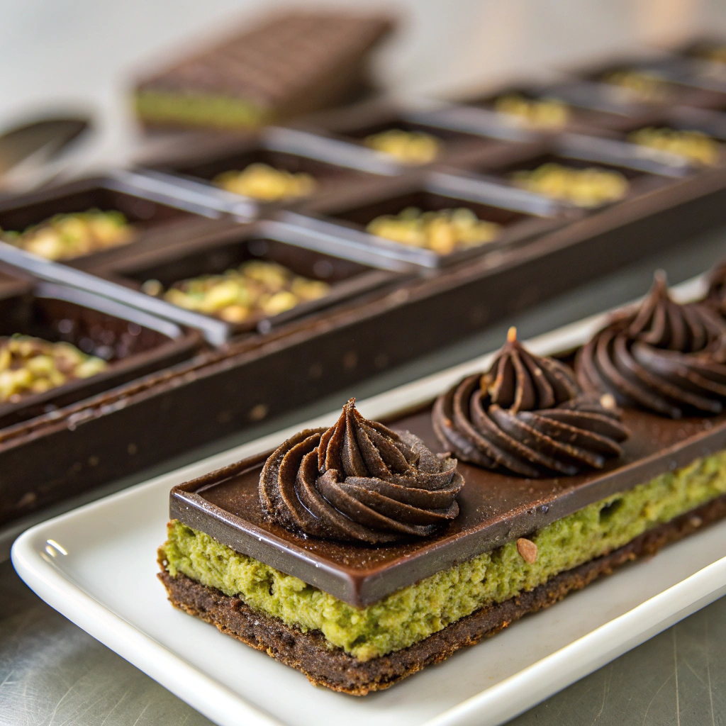 dubai chocolate bar recipe; filled chocolate molds with smooth dark chocolate covering the layered kataifi pastry and pistachio tahini filling set and ready to be unmolded into s