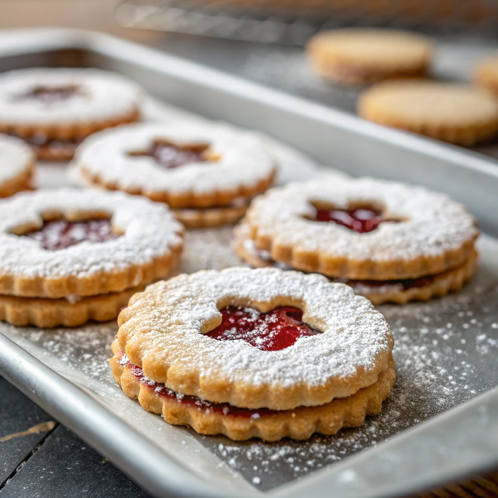 final batch of linzer tart cookies placed elegantly on a serving tray with powdered sugar dusting