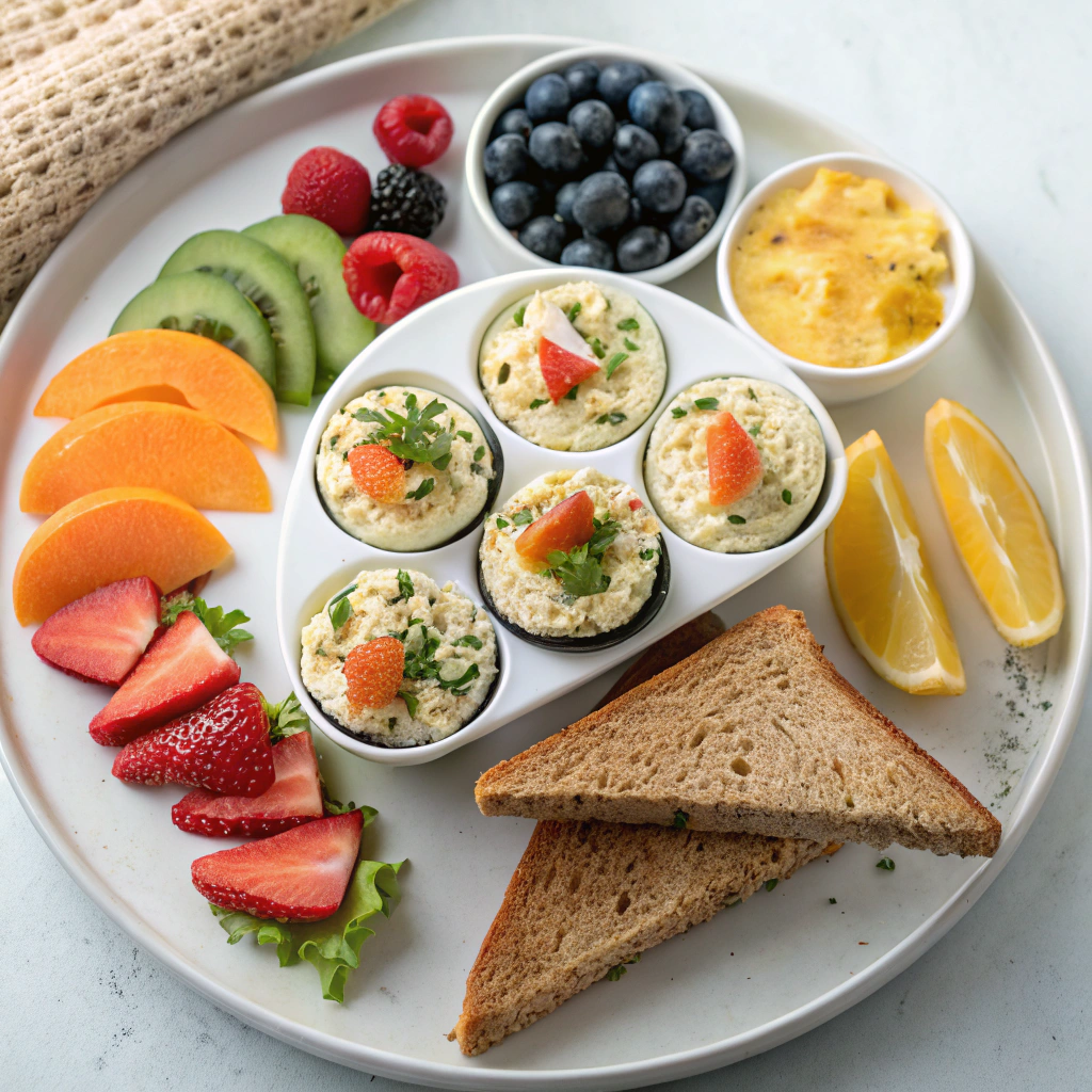 final plate of healthy egg bites arranged neatly with a side of fresh fruit and whole grain toast