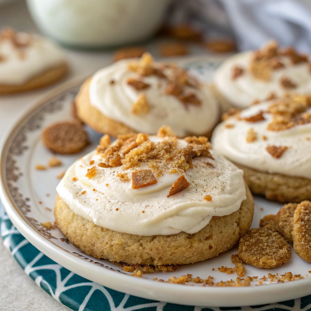 cinnamon toast crunch cookies; finished cinnamon toast crunch cookies with smooth cream cheese frosting topped with evenly sprinkled crushed cinnamon toast crunch cereal displayed o