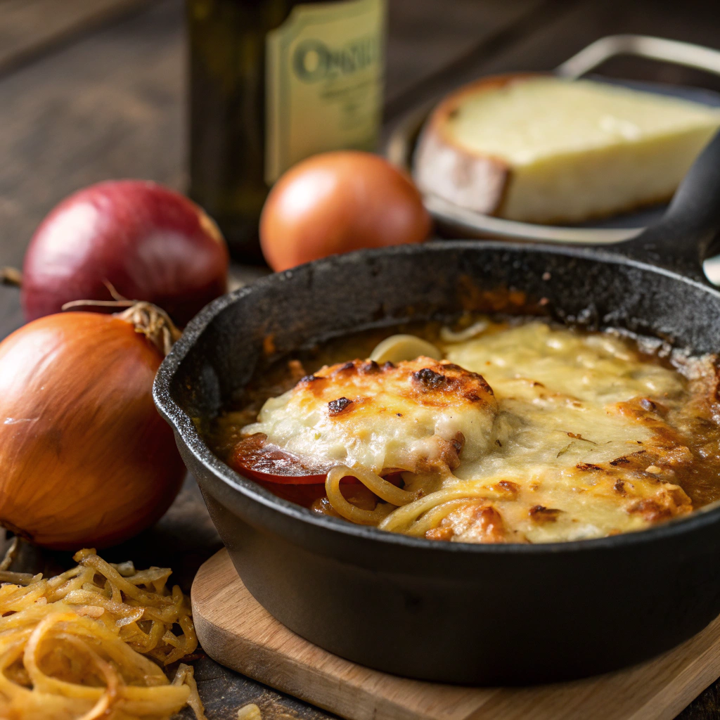 french onion soup rice being prepared in an oven-safe skillet with bubbling cheese