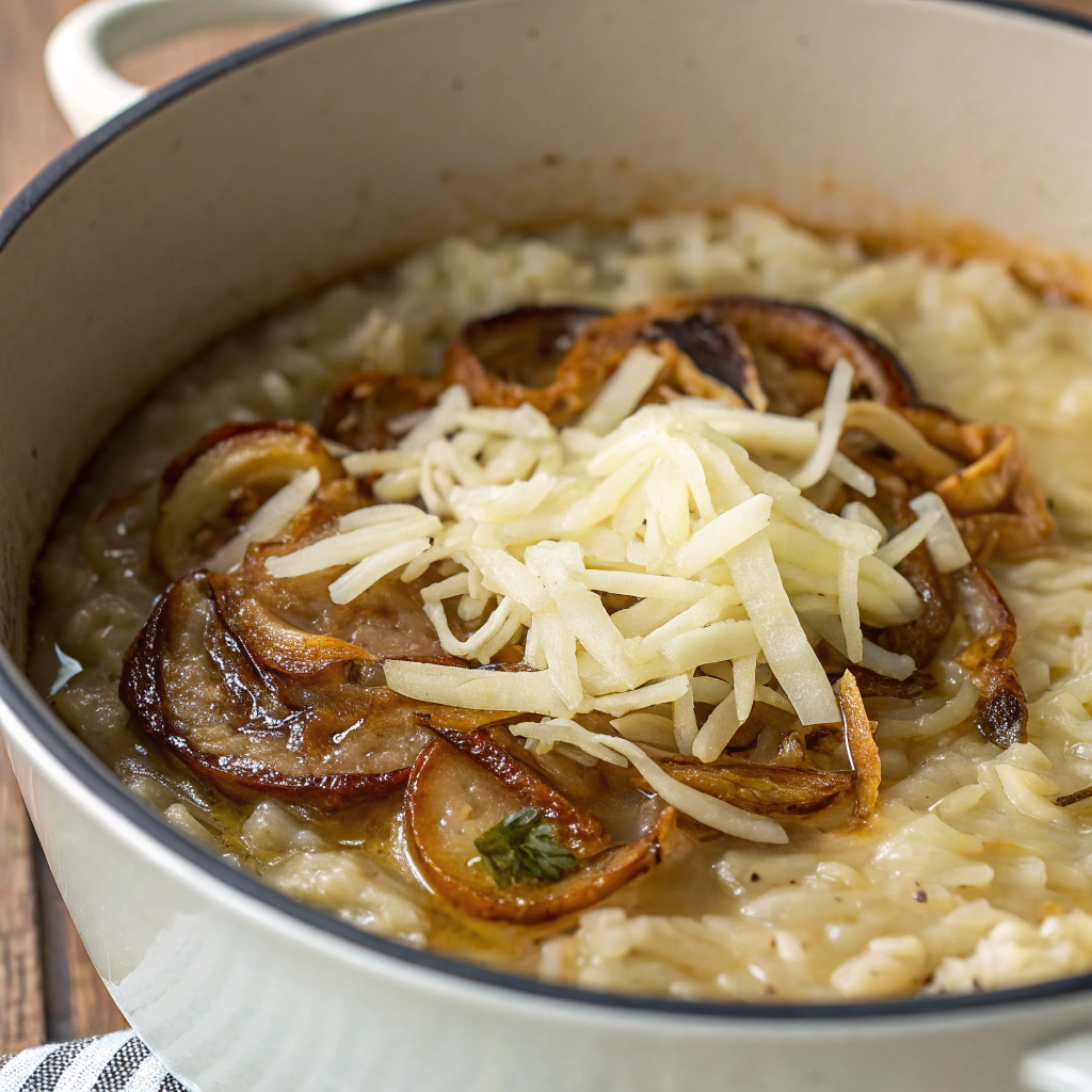 french onion soup rice layered with caramelized onions and shredded cheese in a Dutch oven