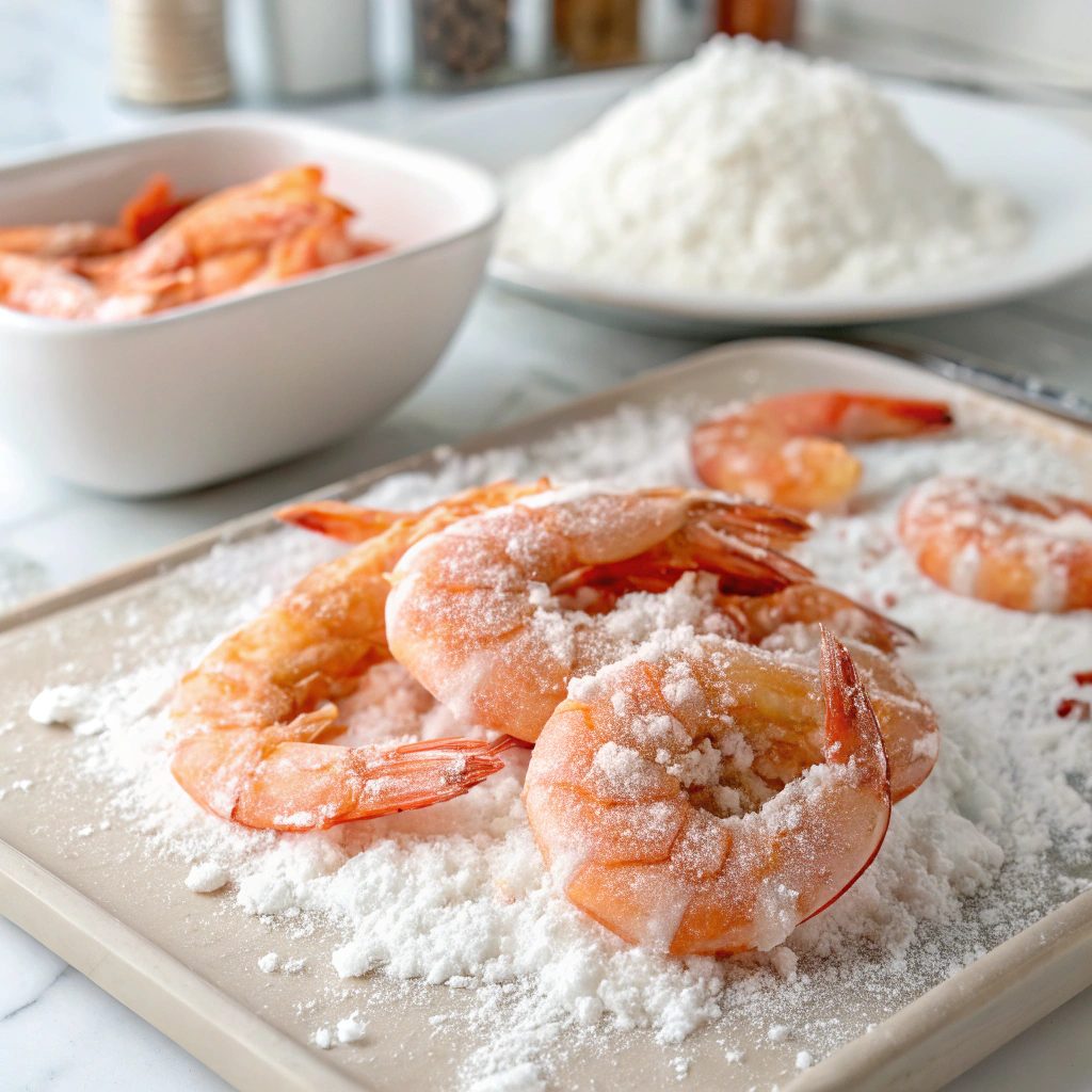 fresh shrimp coated in cornstarch mixture on a clean kitchen counter