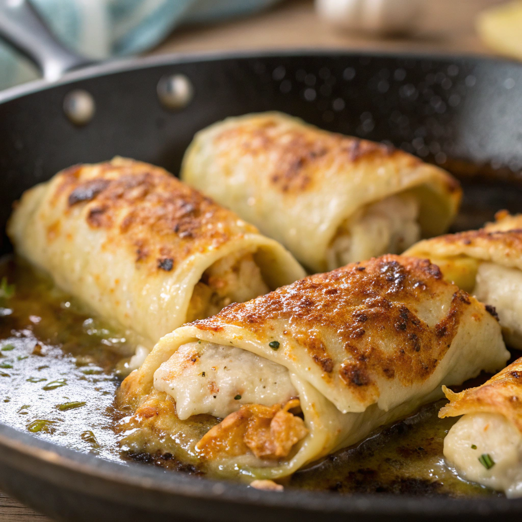 golden-brown cheesy garlic chicken wraps being cooked to crispy perfection in a skillet