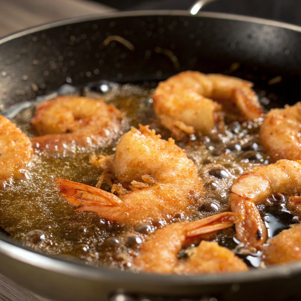 golden-brown crispy shrimp frying in a skillet with bubbles and steam