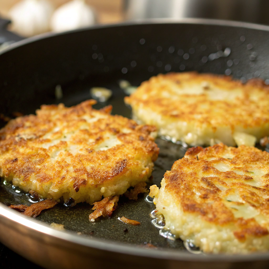 golden-brown parmesan garlic hash brown patties frying in a skillet