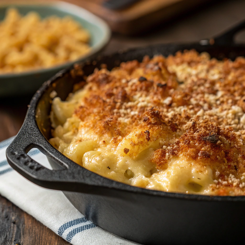 golden-brown smoked mac n cheese with crispy panko topping bubbling in a cast iron skillet