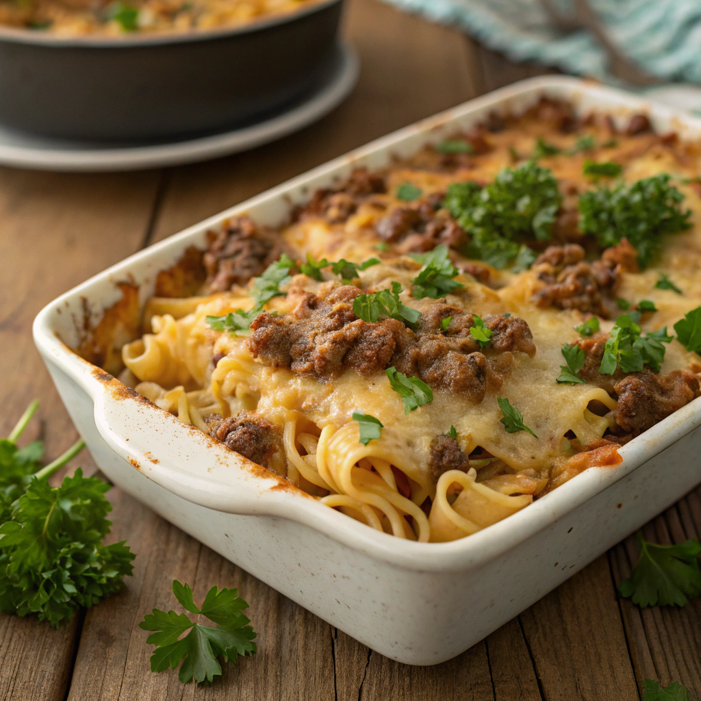 golden-brown sour cream beef noodle casserole fresh out of the oven, garnished with chopped parsley and served on a wooden table