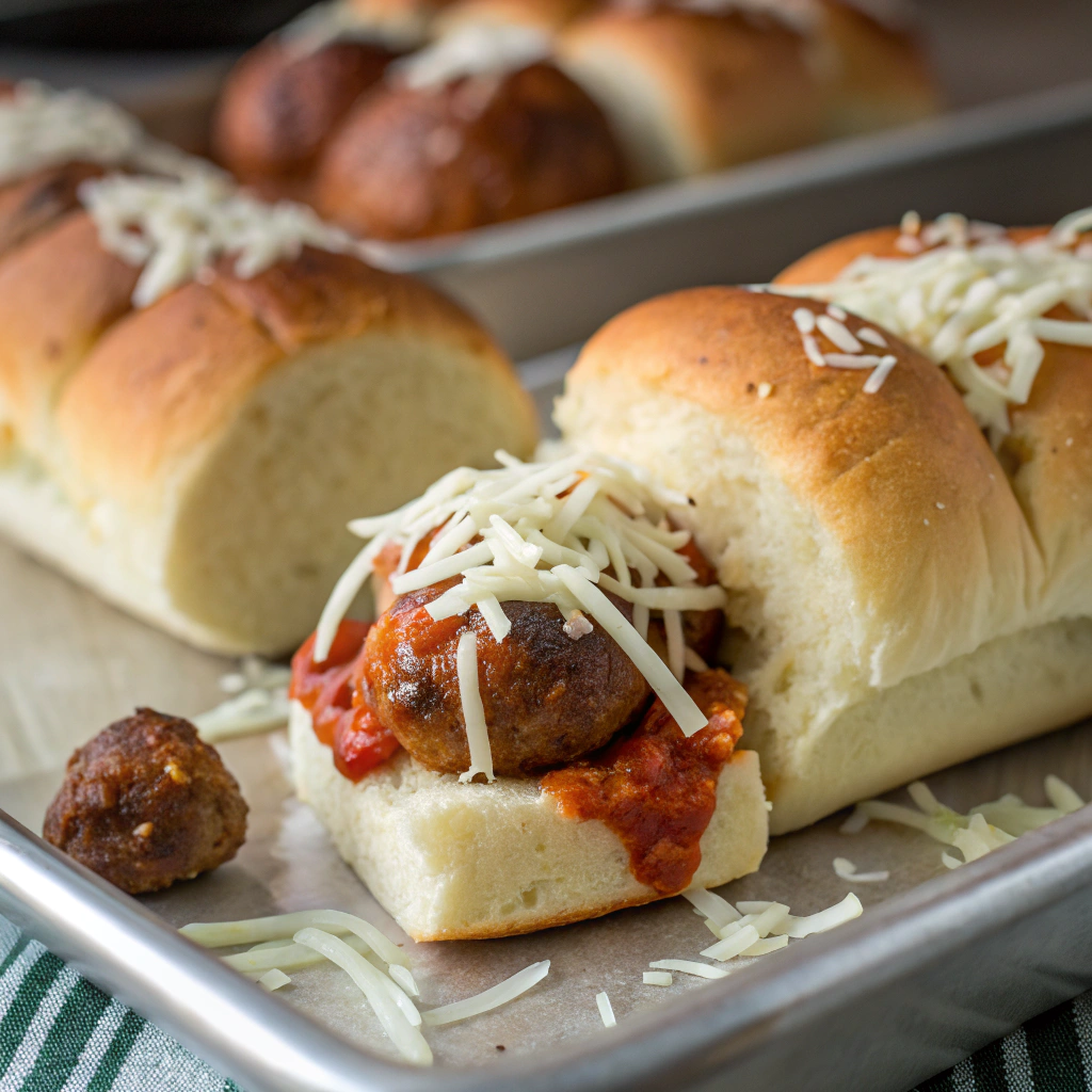 Hawaiian rolls filled with meatballs and topped with shredded mozzarella cheese