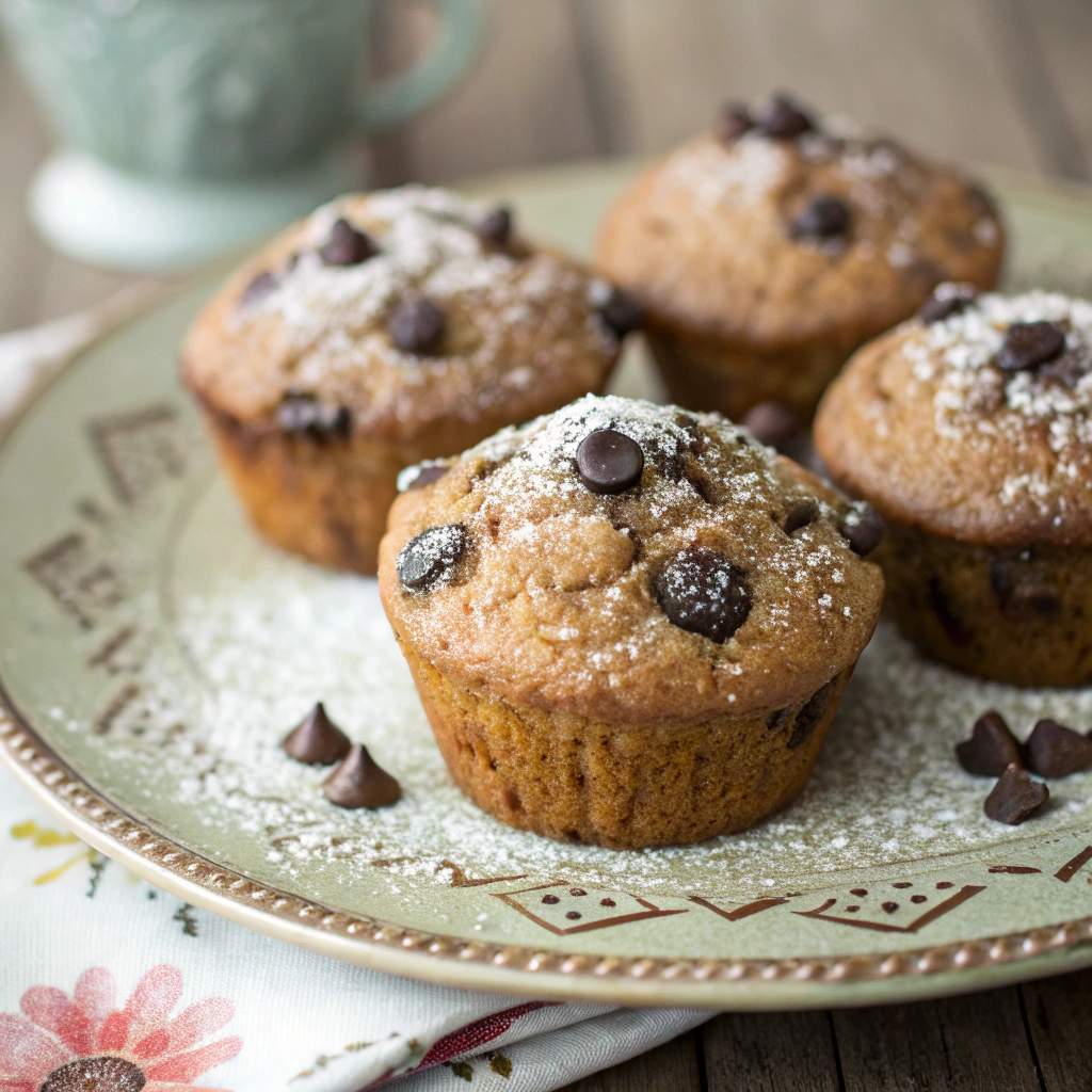 healthy banana chocolate chip muffins beautifully arranged on a decorative plate with powdered sugar and chocolate chips visible