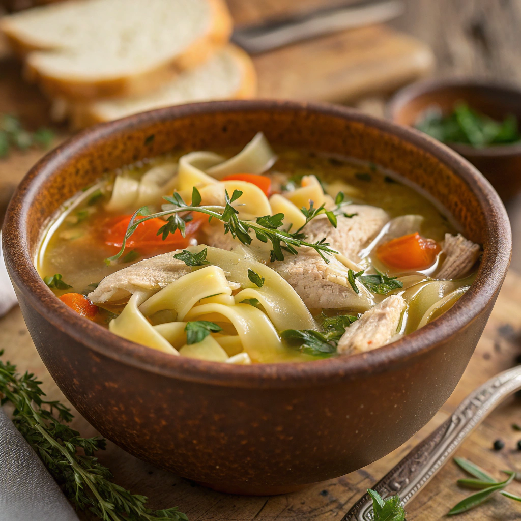 homemade chicken noodle soup with whole chicken; homemade chicken noodle soup with whole chicken served in a rustic bowl featuring hearty vegetables and perfectly cooked noodles with steam rising and