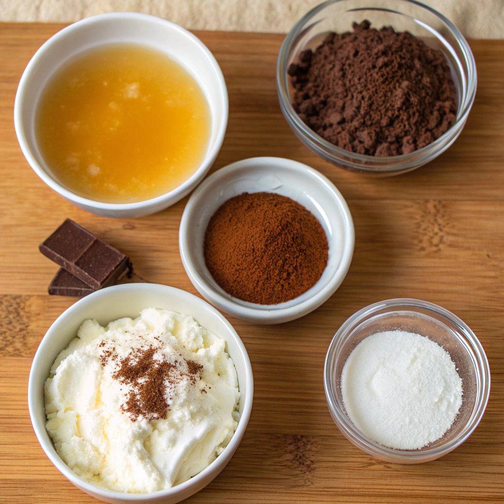 Ingredients for cottage cheese chocolate mousse neatly arranged on a wooden countertop, including cottage cheese, cocoa powder, honey, and vanilla extract