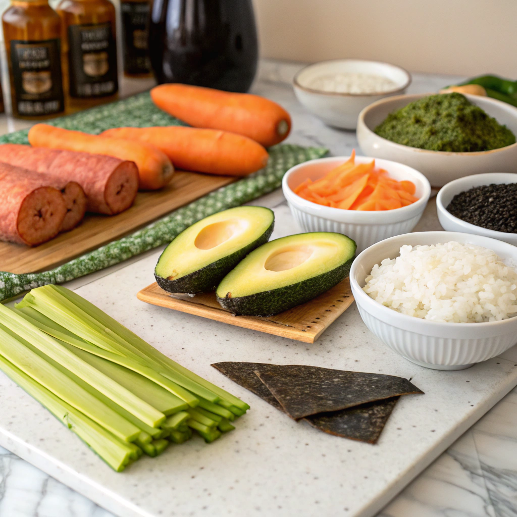 ingredients for sweet potato tempura roll including fresh sweet potatoes, avocado, cucumber, nori sheets, sushi rice, tempura flakes, and various seasonings neatly arranged on a kitchen countertop