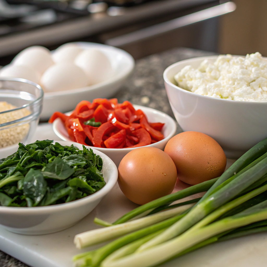 ingredients neatly arranged on a kitchen counter including eggs, cottage cheese, spinach, roasted red peppers, and green onions