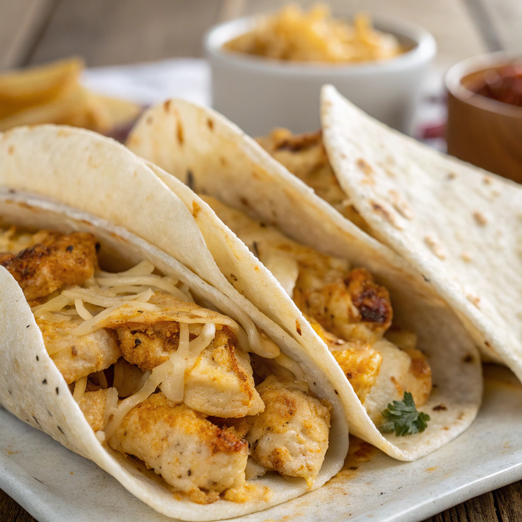 large tortillas filled with cheesy garlic chicken mixture being prepared for wrapping